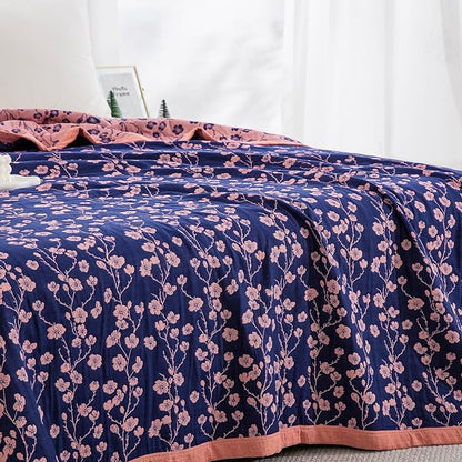 100% Cotton Muslin Jacquard 3 Piece Quilt Set Floral Plum Blossom Print, Soft 3 Layers Gauze Bed Cover Reversible Bedspread Coverlet Breathable Lightweight Bedding Set, King