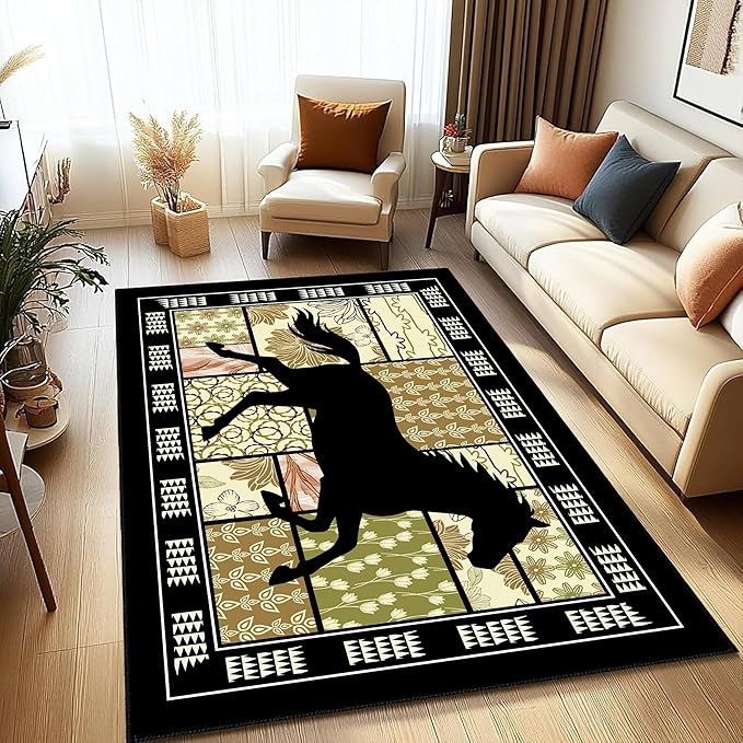 Boho Floral Area Rugs 5x6ft, Western Running Horse Rug, Botanical Print Low Pile Carpet, Non-Slip & Stain-Resistant Machine Washable Rug for Living Room, Bedroom, Dining Room