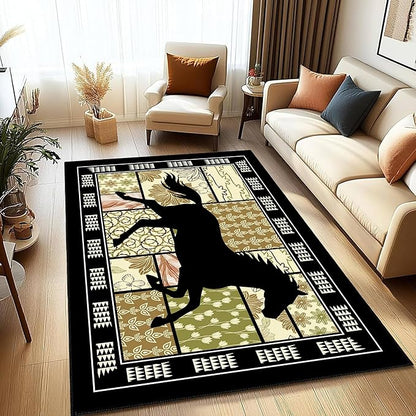 Boho Floral Area Rugs 6x8ft, Western Running Horse Rug, Botanical Print Low Pile Carpet, Non-Slip & Stain-Resistant Machine Washable Rug for Living Room, Bedroom, Dining Room