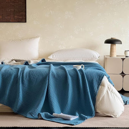 FALUCA Cotton Muslin Reversible Blanket Twin Size for Bed, Couch, Four Layers Blanket, Soft Lightweight Cozy Breathable Farmhouse Decoration for All-Season, Light Blue