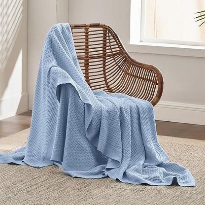 Bedsure Gentlesoft 100% Cotton Large Throw Blanket for Couch 50x70 inches - Breathable and Soft, Waffle Weave Throw Blanket for Office, Sky Blue