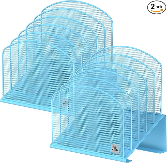 2Pack Inclined Desk File Organizer, 5-Section Vertical File Folder Holder Stand Metal Rack File Sorter for Office Classroom Desktop Organization,Blue