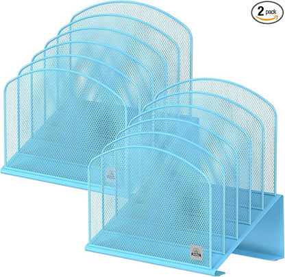 2Pack Inclined Desk File Organizer, 5-Section Vertical File Folder Holder Stand Metal Rack File Sorter for Office Classroom Desktop Organization,Blue