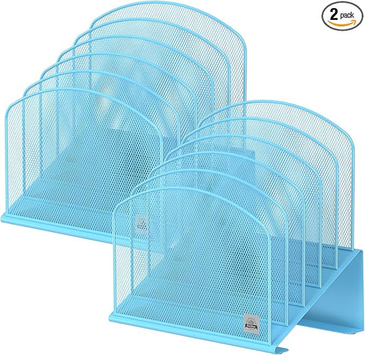 2Pack Inclined Desk File Organizer, 5-Section Vertical File Folder Holder Stand Metal Rack File Sorter for Office Classroom Desktop Organization,Blue