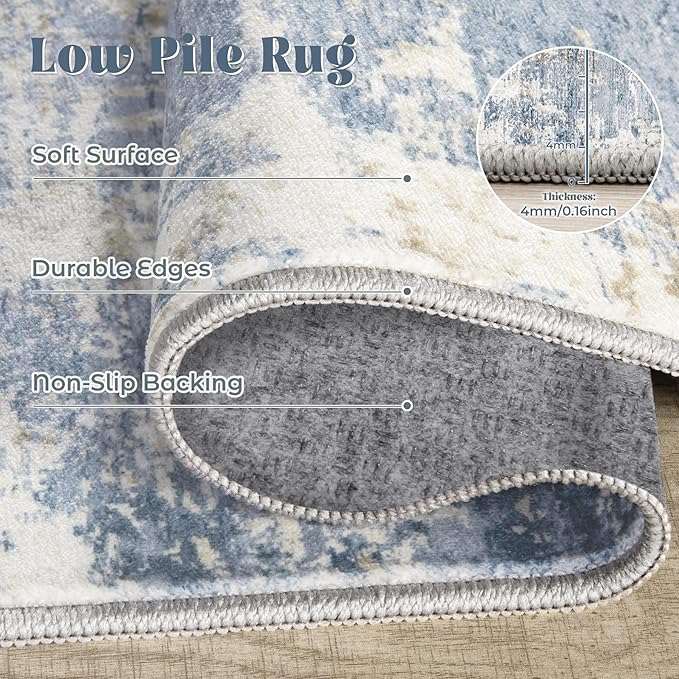 5x7 Area Rugs for Living Room, Washable Modern Abstract Large Area Rug Neutral Soft Non Slip Kids Rug Stain Resistant Indoor Carpet for Bedroom Nursery Dining Room Home Office(Blue, 5'x7')