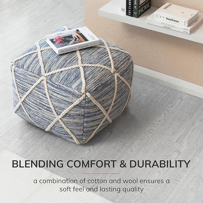 Anji Mountain 100% Handmade & Handcrafted Comfortable Home Décor Pouf Ottoman Footrest for Living Room, Bedroom, Nursery, Kidsroom, Patio Furniture - (22" x 22" x 16"- Ivory,Blue)