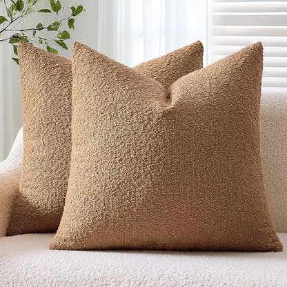 ANRODUO Pack of 2 Textured Boucle Throw Pillow Covers Soft Tobacco Brown Decorative Accent Solid Pillow Cases Cozy Modern Couch Cushion Case for Chair Sofa Bedroom Living Room Home Decor, 20 x 20 Inch