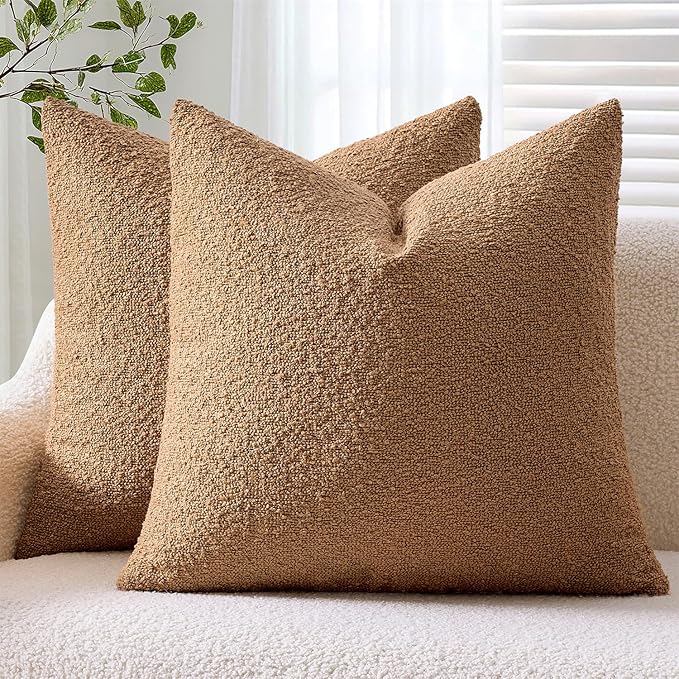 ANRODUO Pack of 2 Textured Boucle Throw Pillow Covers Soft Tobacco Brown Euro Decorative Accent Solid Pillow Cases Cozy Modern Couch Cushion Case for Sofa Bedroom Living Room Home Decor, 26 x 26 Inch