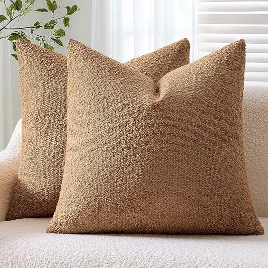ANRODUO Pack of 2 Textured Boucle Throw Pillow Covers Soft Tobacco Brown Euro Decorative Accent Solid Pillow Cases Cozy Modern Couch Cushion Case for Sofa Bedroom Living Room Home Decor, 26 x 26 Inch