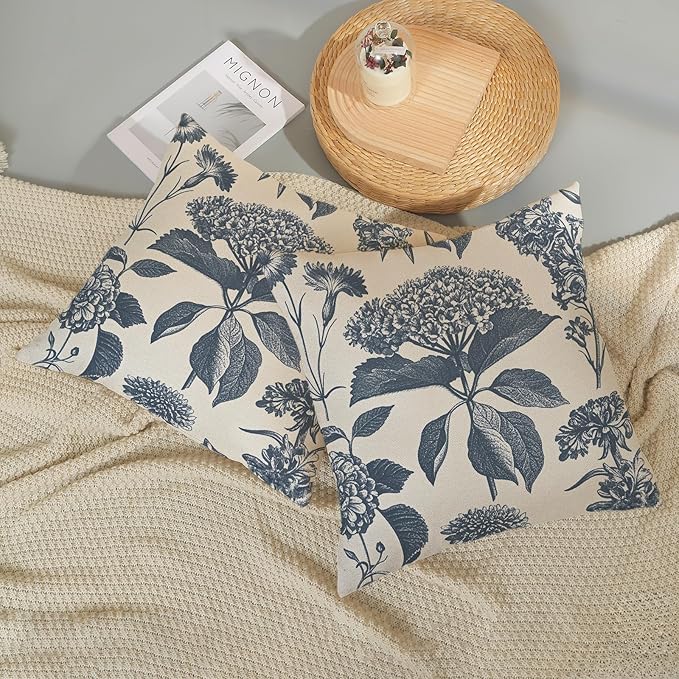Blue Pillow Covers 20x20 Set of 2 Vintage Boho Floral Hydrangea Herbs Botanical Throw Pillow Cover Outdoor Flower Decoration Pillowcase Linen Farmhouse Cushion Case Decorative for Couch Sofa