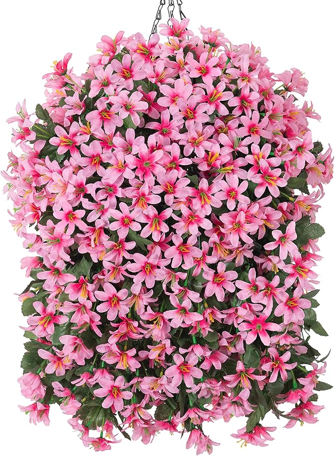 Artificial Flowers Plants for Outdoor with Basket, 4PCS Silk Hanging Faux Flowers Long Trailing Vines for Outside Home Porch Patio Decoration, Pink