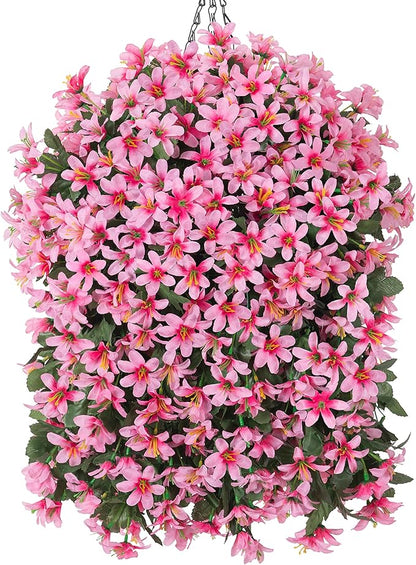Artificial Flowers Plants for Outdoor with Basket, 4PCS Silk Hanging Faux Flowers Long Trailing Vines for Outside Home Porch Patio Decoration, Pink