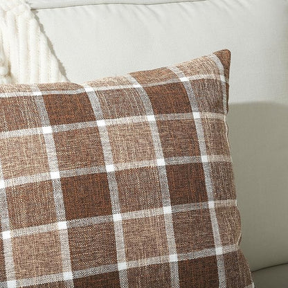 Stellhome Pack of 2 Fall Linen Buffalo Check Decorative Throw Pillow Covers, Autumn Farmhouse Plaid Cushion Covers Rustic Retro Decor for Couch Sofa Living Room, 20x20 Inch, Chocolate