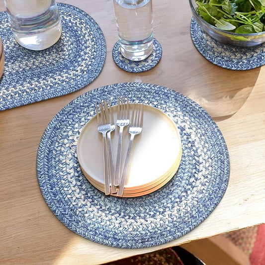 Homespice Denim Jute Woven Round Placemats Set of 6, 15", Country Coastal Decor, Blue Table Mats - Vibrant Colors, Durable, Easy to Clean and Protects Furniture