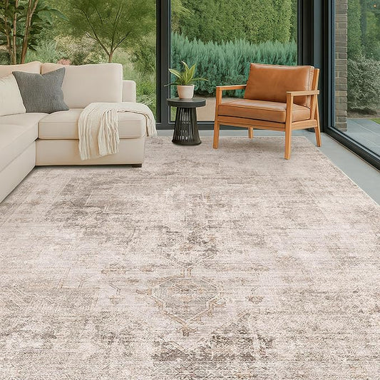 Distressed Farmhouse 5x7 Washable Rug for Living Room, Bedroom, Foyer, Under Dining Table, Neutral Abstract Medallion, Ultra Soft Faux Wool Non Slip Low Pile Stain Resistant, Beige & Brown