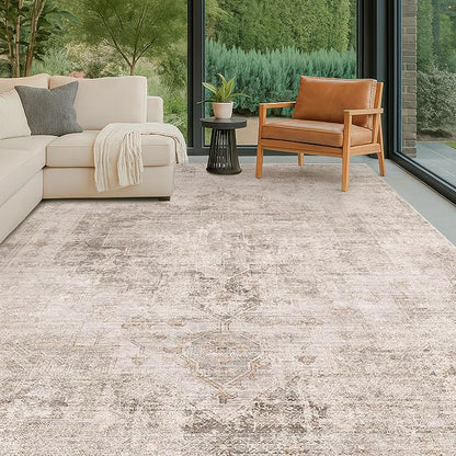 Beige & Brown 5x8 Area Rugs for Bedroom - Abstract Distressed Farmhouse Rug for Living Room, Home Office, Foyer, Kitchen Table, Foldable Soft Washable Low Pile Non Slip Stain Resistant