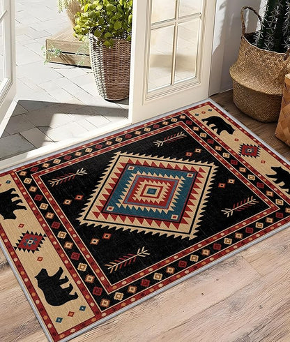 Southwest Rug 6x9 - Native American Bear Cabin Area Rugs for Living Room Bedroom, Rustic Geometric Machine Washable | Non-Slip | Soft Large Carpets, Western Room Decor (Red Tan Black)