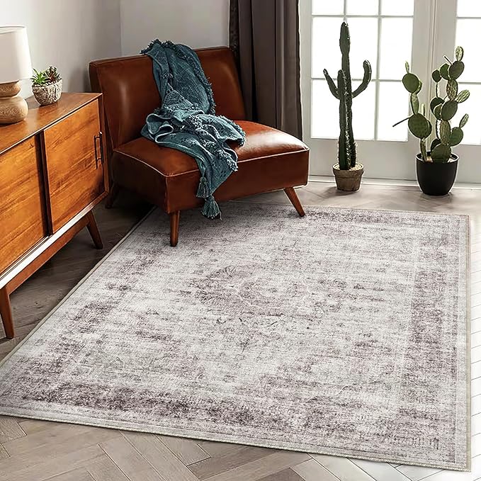 Area Rug 5'x7' Washable Rug Floral red Vintage Traditional Floor Cover Thin Retro Kitchen Indoor Distressed Non Slip Carpet for Living Room Bedroom Dining Room