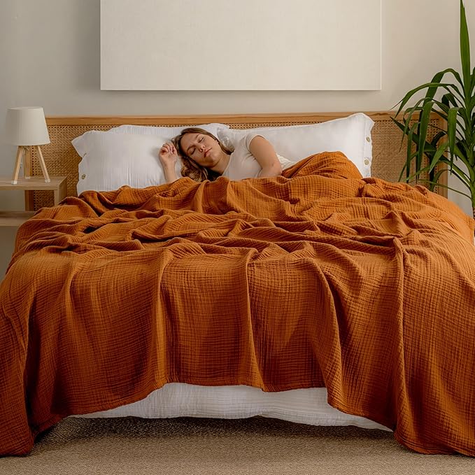 Muslin Blanket - Pure 100% Turkish Cotton Airy Soft Light Versatile Gauze Throw Blanket for Bed, Couch, Sofa (Cinnamon Brown, Twin XL Size (71" x 95" inch))