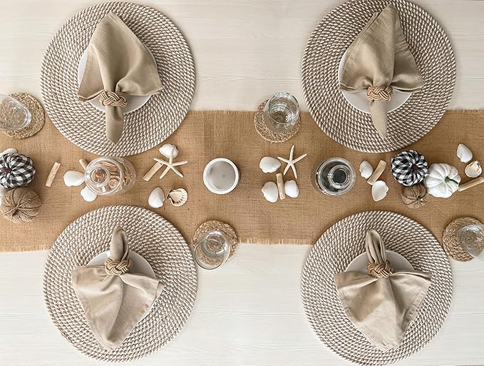 CHARDIN HOME Round Jute & Cotton Woven Braided PLACEMAT (Set of 4), Size -13 inch, Round, Color - Natural Jute & White.