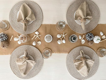 CHARDIN HOME Round Jute & Cotton Woven Braided PLACEMAT (Set of 4), Size -13 inch, Round, Color - Natural Jute & White.