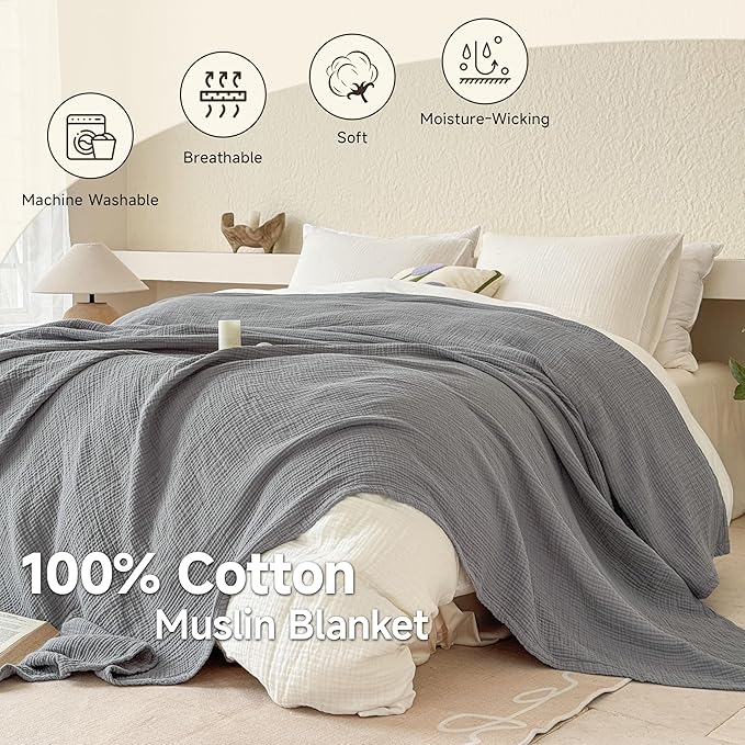 Simple&Opulence 100% Cotton Muslin Blanket Twin Size, Lightweight Breathable 4 Layering Gauze Blanket for Bed Couch Camping, Soft Bedspread Coverlet All-Season Use (Grey, 68"x86")