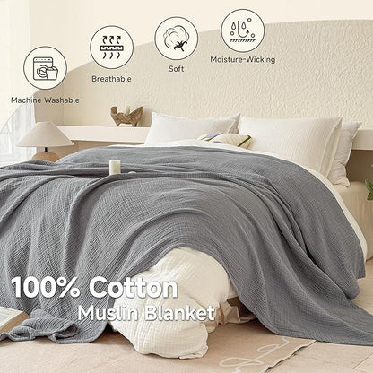 Simple&Opulence 100% Cotton Muslin Blanket Queen Size, Lightweight Breathable 4 Layering Gauze Blanket for Bed Couch Camping, Soft Bedspread Coverlet All-Season Use (Grey, 88" x 92")
