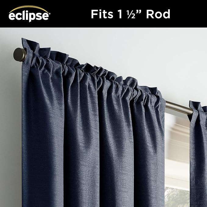 Eclipse Kendall Textured Blackout Thermal Rod Pocket Window Curtain, Insulating & Noise Reducing Curtains for Bedroom or Living Room (1 Panel), 84 in Long x 42 in Wide, Indigo