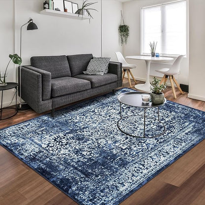 vivorug 6x9 Area Rugs, Stain Resistant Washable Rug for Living Room, Vintage-Inspired (Navy Blue, 6'x9')