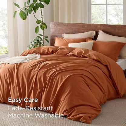 Bedsure 100% Washed Cotton Duvet Cover Queen Size - Burnt Orange Minimalist Cotton Duvet Cover Linen Like for All Seasons - GentleSoft™ Plain Simple Bedding (Burnt Orange, Queen, 90"x90")