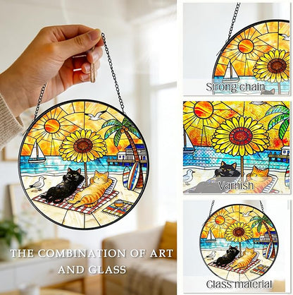 Cat Stained Glass Suncatcher Window, Cat Sun Catchers Indoor Window, Suncatcher for Mom/Women (Black & Orange)