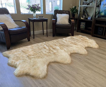 LAMBZY Faux Sheepskin Super Soft Hypoallergenic Silky Shag Rug for Living Room, Kids Room, Sofa (Quarto 4 Pelts Side by Side 3'x8', White/Brown Tips)