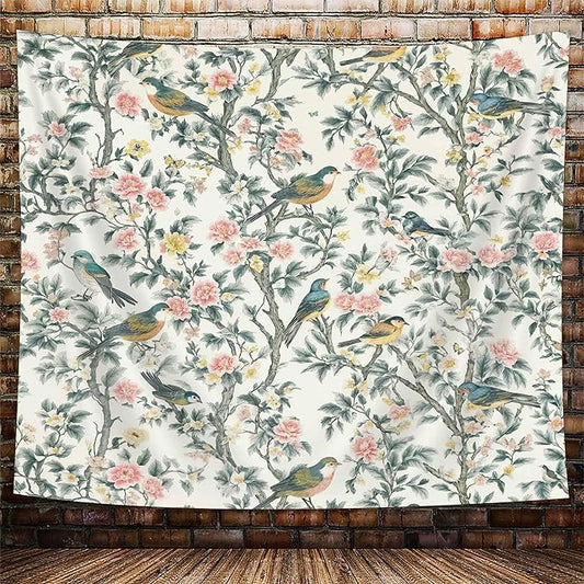 DYNH Vintage Floral Bird Tapestry,Chinese Style Aesthetics Jungle Botanical Tapestries,Farmhouse Country Watercolor Flowers Leaves Wall Hanging Decor for Bedroom Living Room,90x70In