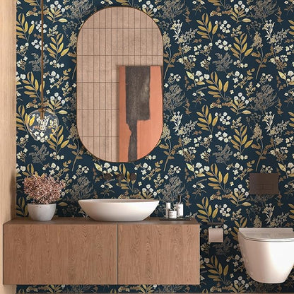 Dark Blue Leaf Wallpaper Peel and Stick Dark Blue Floral Wallpaper for Bedroom Vintage Leaf Contact Paper Waterproof Self Adhesive Boho Floral Wall Paper for Bedroom Walls Countertop 17.5in x 197in