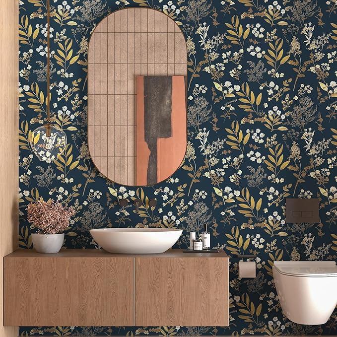 Dark Blue Leaf Wallpaper Peel and Stick Dark Floral Wallpaper for Bedroom Vintage Leaf Contact Paper Waterproof Self Adhesive Boho Floral Wall Paper for Bedroom Walls Countertop 17.5in x 118in