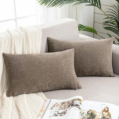 GAWAMAY Lumbar Pillow Decorative Rectangle Throw Pillow Covers 12"x20" Inch Set of 2, Super Soft Chenille Pillowcase for Living Room Bedroom Sofa Couch Cushion Cover Taupe Grey 30x50cm (ONLY Covers)