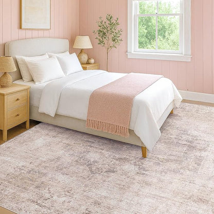 Washale Modern 7x9 Area Rugs for Bedroom, Pink and Grey Rug for Dinning Room Under Table,Living Room, Non Slip Low Pile Thin Floor Carpet