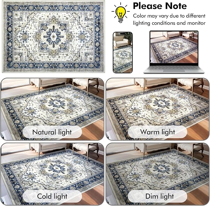 Machine Washable Area Rug 8x10 - Large for Living Room Vintage Oriental Soft Rugs, Low Pile Thin Floor Carpet with Non Slip Backing for Bedroom, Dorm, Under Dining Room Table, Indoor House, Office