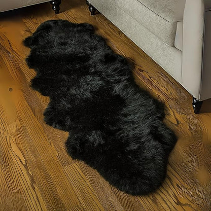 Woolous Genuine Black Sheepskin Rug 2x6 ft – Real Sheep Skin Double Pelt Runner Rug, Soft Thick Plush Fur Carpet for Bedroom, Living Room & Nursery