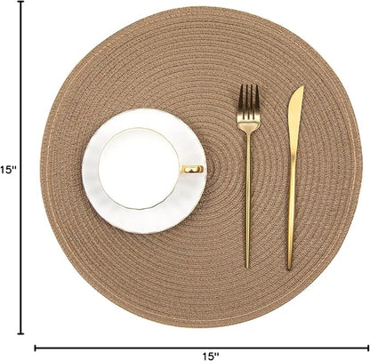 SHACOS Round Braided Placemats Set of 6 Washable Cotton Polyester 15 inch Round Table Place Mat for Dining Table (Brown, 6)
