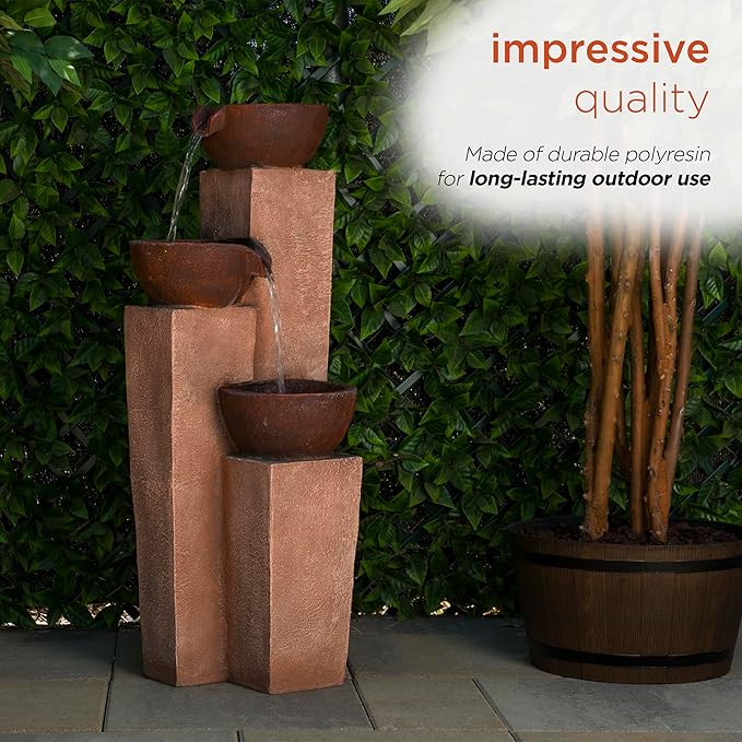 Alpine Corporation ZEN398 35” Outdoor 3-Tiered Modern Pots Water Fountain – Elegant Rustic Floor Fountain for Garden, Patio, Yard, Outdoor Spaces, Relaxing Water Feature, Bronze