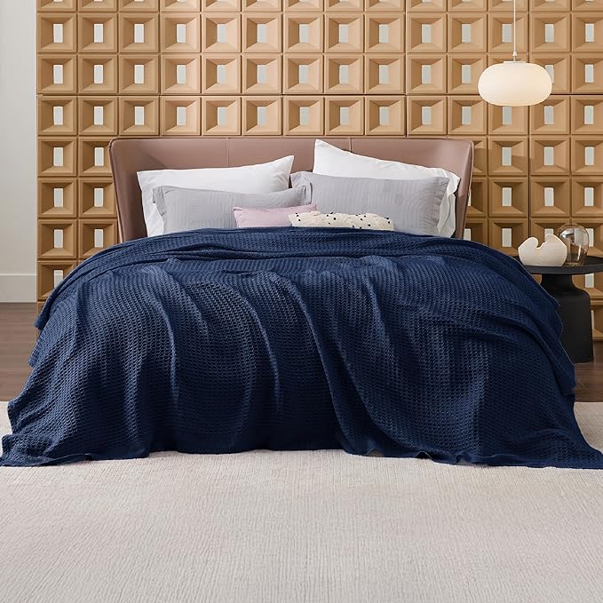 Bedsure Gentlesoft 100% Cotton Blanket Queen Size for Bed - Breathable and Soft, Thick Cozy Waffle Weave Christmas Blanket Gift for Women, Pageant Blue, 90x90 Inches