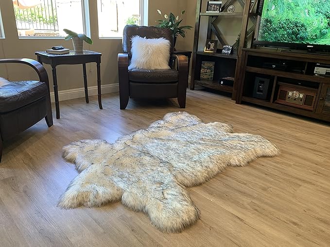 LAMBZY Faux Sheepskin Super Soft Hypoallergenic Silky Shag Bear Rug for Living Room, Kids Room, Sofa (3'x5', White/Black Tips)