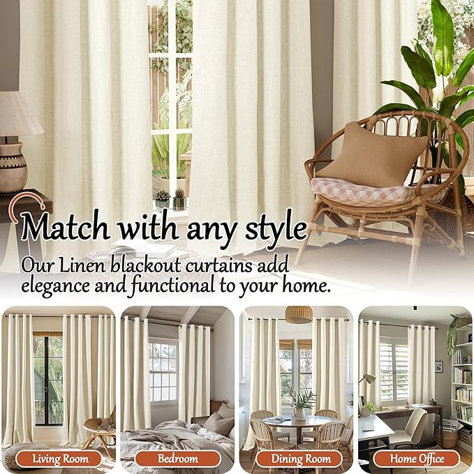 Lajode Cream 100% Blackout Curtains for Living Room 72 Inch Length 2 Panels Set, Thermal Insulated Light Blocking Faux Linen Curtains for Bedroom, Bronze Grommet Boho Window Drape Each 52" Wide