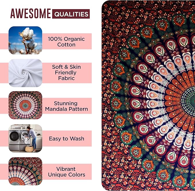 Raajsee Mandala Tapestry Wall Hanging – Blue Orange, 100% Cotton, Boho Hippie Decor, Twin Size (52x82 Inches / 132x208 cm) – Beach Throw, Bedspread, Meditation Yoga Mat