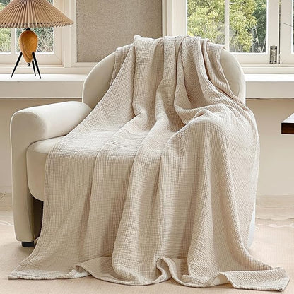 FALUCA Cotton Muslin Reversible Blanket Twin Size for Bed, Couch, Four Layers Blanket, Soft Lightweight Cozy Breathable Farmhouse Decoration for All-Season, Khaki