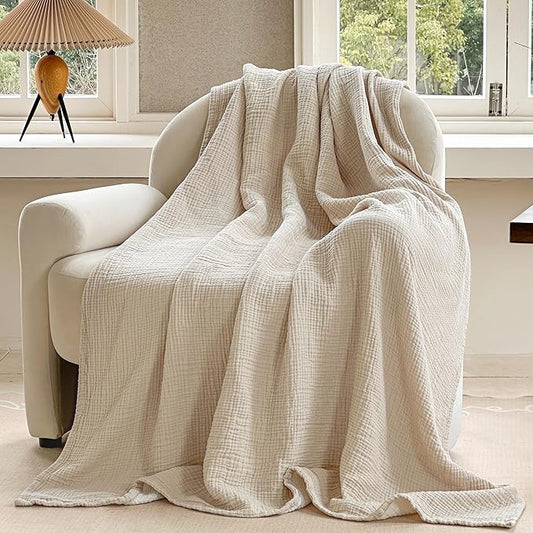 FALUCA Cotton Muslin Reversible Blanket Queen Size for Bed, Couch, Four Layers Blanket, Soft Lightweight Cozy Breathable Farmhouse Decoration for All-Season, Khaki