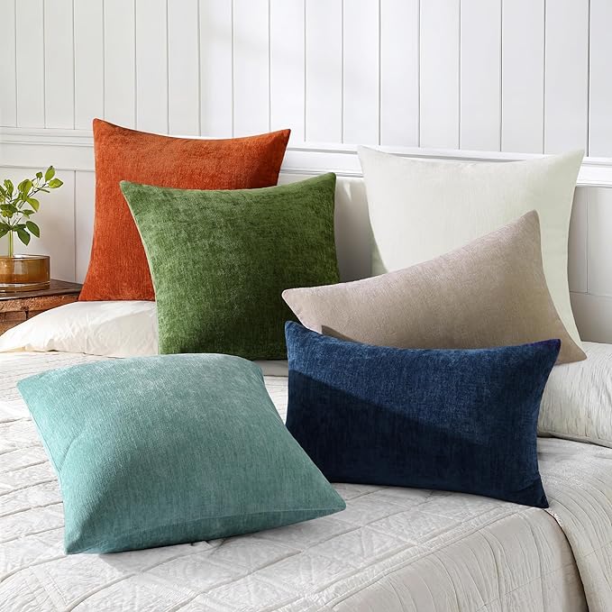 decorUhome Chenille Beige Spring Throw Pillow Covers 22x22 Inch Set of 2, Decorative Soft Couch Pillow Covers Solid Dyed Accent Farmhouse Neutral Square Pillow Cases for Sofa