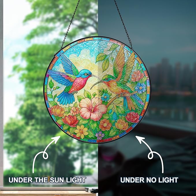 Stained Glass Window Hanging, Hummingbirds Sun Catchers Stained Glass Panels for Indoor Windows Wall Art Decor, Birthday Gift for Mom Women Wife Men Lovers (7.87inch)
