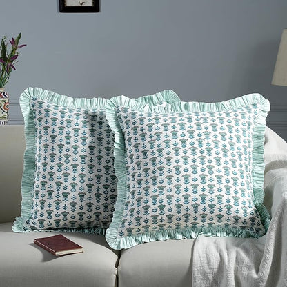 Ridhi Modern Farmhouse Pillow Covers Decorative Cotton Throw Pillow Covers Set of 2 Aquamarine Blue Cushion Covers with Ruffle for Couch Sofa Bed Living Room Spring Home Decor 24x24